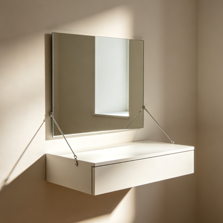 Minimalist Hanging Wall Vanity with Magnetic Mirror and No Drawers